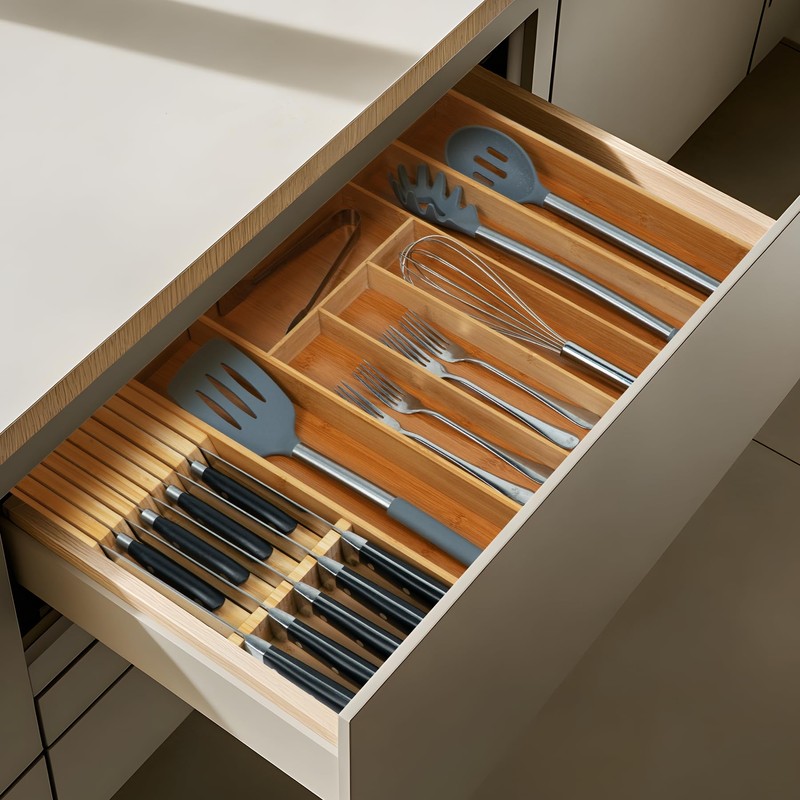 Utoplike Knife Drawer Organizer Bamboo Knives Block for Kitchen, Large