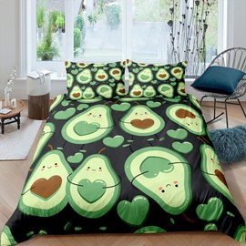 Homemissing Cartoon Avocado Duvet Cover Set, Sweet Tropical Fruits Bedding Set, 135 x 200 cm, Couples Bed Set for Boys, Girls, Children, Teenagers, Love, Bedroom Decor, Green with 1 Pillowcase