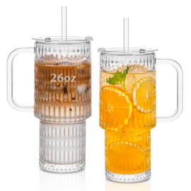 26oz Raindrop Glass Tumbler with Handle & Lid, Reusable Iced Coffee Cups with Straws – Set of 2, Glass Cups for Smoothies, Juice, Coffee, Tea – Travel Mugs for Daily Use and To-Go