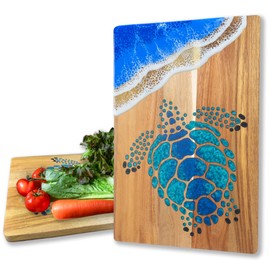 LILKUISYN Acacia Wood Cutting Board With Blue Resin Wave & Sea Turtle Epoxy Resin Ocean Pan for Kitchen Meal Prep Serving Tray Versatile Cheese & Charcuterie Board for Meat Vegetable Gift 15*10 inch