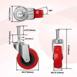 Mysit 2.5 inch Creeper Wheels Heavy-Duty M8 Threaded Swivel Caster Wheel 6 Pack, Mechanics Cart Service Cart Stool Post Mount Casters Replacement