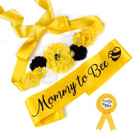 Baby Shower Maternity Sash Belly Belt, Mom to Be & Dad to Be Button Pin, Pregnancy Maternity Flower Sash Belt for Gender Reveal (Yellow Bee)