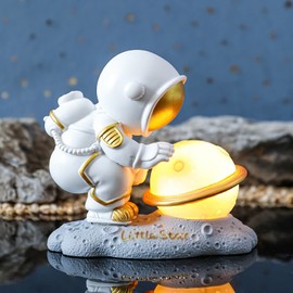 PSXPSXO Cartoon Resin Astronaut LED Table Lamp Spaceman Moon Lamp Night Light Modern Model with 3D Printing Glass Lampshade Bedside Lamp for Home Bedroom Kids Boys Birthday Gifts (A-Gold)