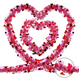 4 Strings Total 26.4 ft Valentines Tinsel Garlands - Each 6.6 ft Metallic Fringe Garland with Hearts Hanging Glitter Streamers for Wedding, Engagement, Anniversaries, Romantic Love Decorations