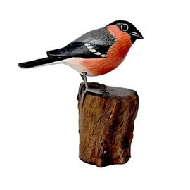 Hand Carved GARDEN BIRD Wooden Ornament - BULLFINCH on Tree Trunk - 15 cm
