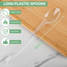 HMDZMR 9" Clear Plastic Spoons, Heavy Duty Disposable Spoons, 96 Pack Long Handle Spoon, Plastic Cutlery for Cocktail Stirring Dessert Milkshakes Ice Cream Tea and Floats