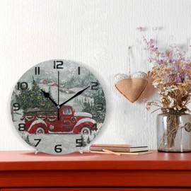 ALAZA Red Truck Christmas Tree Wall Clock Non Ticking Decorative Desk Clock for Bedroom Kitchen Living Room School Office,Black