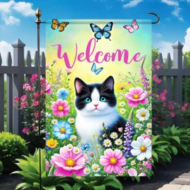 BlissYard Welcome Spring Cat Garden Flag Spring Summer Floral Flower Orange Cat Flag Welcome Yard Flag 12 x 18 Inch Double Sided Butterfly Yard Flags Mini Farmhouse Outdoor Decorative Flag