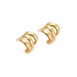 LINSIS Gold Plated / 925 Sterling Silver Triple Hoop Stud Earrings (Curvy Gold Vermeil)