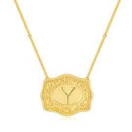 Belt Buckle Necklace With Initial For Women, 18k Gold Plated Mini Embossed Letter Pendant Western Charm Gift Jewelry (Belt Buckle Y, Gold)