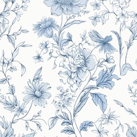 Vinjiasin Blue Wallpaper Peel and Stick Floral Contact Paper Flower Leaf Boho Self Adhesive Removable Wall Paper for Bathroom Bedroom Nursery 17.3'' X 394''
