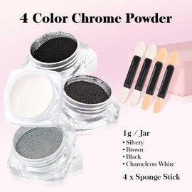Chrome Nail Powder, 4 Colors White-Black Series Nail Chrome Powder - Mirror Effect Metallic Glitter Powder Kit for Nail Art Decoration, Resin Craft etc. (1g/Jar)