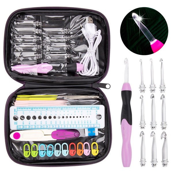 Crochet Hooks Lights Set With Case, Ergonomic Rechargeable Lighted Hooks,9