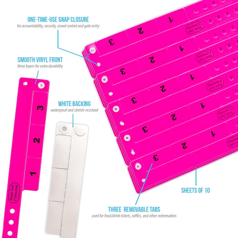 500 WristCo Neon Pink 3 Tab Vinyl Cash Tag Wristbands
