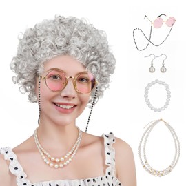 SEGOHAIR Old Lady Wig Grandma Costume Funny Wigs Set with Curly Silver Wigs, Pink Glasses, Glasses Chain, Pearl Jewelry and Hairnet for 100 Days of School（7PCS）
