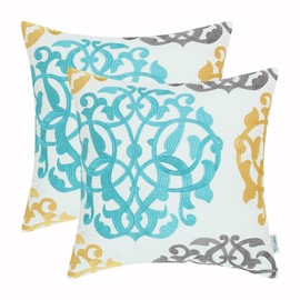 CaliTime Pack of 2 Cotton Throw Pillow Cases Covers for Bed Couch Sofa Vintage Compass Geometric Floral Embroidered 16 X 16 Inches Turquoise Gold Gray