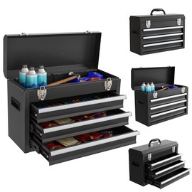 Portable Metal Tool Box, 3 Drawers Lockable Heavy Duty Tool Chest Storage Toolbox with Ball-Bearing Slides and 2 Metal Latches Closure for Garage, Workshop, Repair Shop (Black)