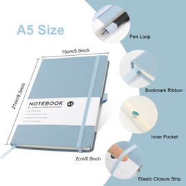 JUNART Lined Journal Notebook, 192 Pages A5 Hardcover Notebook with Pen Loop Bookmark Inner Pocket for Office School Supplies, 80gsm Leather Journal for Women Men (Light Blue)