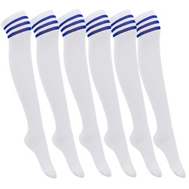 6 Pairs Over Knee Thigh High Socks 3 Stripes, Assorted Color Long Stocking Leg Warmer for School Uniform Cosplay Cosutme (White Blue)