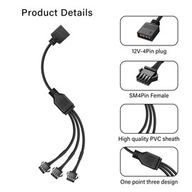 GINTOOYUN 2 pieces 1 to 3 ARGB splitter cable, 12 V, 4-pin female to three SM 4-pin female addressable RGB splitter cable for LED light strips, 12 V ARGB fan, computer case, etc. (11.8 inches) (style