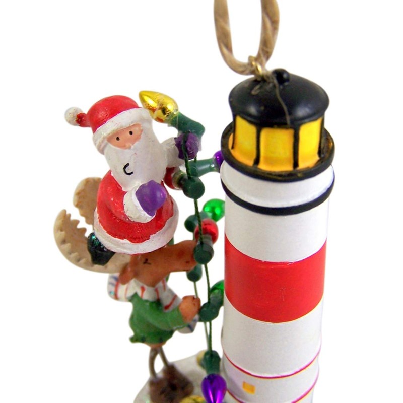 Santa and Moose Decorating Lighthouse Hanging Ornament