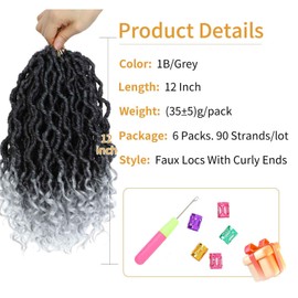 Short Faux Locs Crochet Hair 12 Inch 6 Packs Goddess Locs Crochet Hair Pre Looped Crochet Locs for Black Women(12 Inch,6 Packs,1B/Grey)