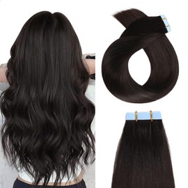 YILITE Tape-In Real Hair Extensions, Jet Black, 60 cm, 20 Pieces / Pack, 50 g, Tape-In Extensions, Real Hair, Invisible Silky Straight, Skin Weft Tape Ins, Natural Extensions (60 cm, #1 Jet Black)