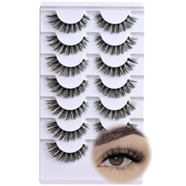 APCYUST Lashes Wispy False Eyelashes Natural Cat Eye Strip Lash Fluffy Fake Lashes Strips Clear Band Mink Eyelash Natural Look Cateye Demi Wispies Eye Lashes Pack 7 Pairs Short Full Pestañas Set