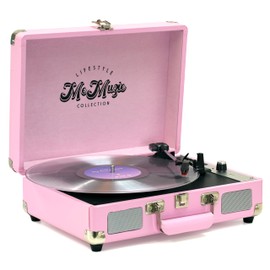 Retro Suitcase Belt Drive Turntable 3 Speeds 33/45/78rpm, Built-in Stereo Speakers, USB-C Power Adaptor with RCA Line Out Jack, Aux in, Headphone Jack, USB and SD Card Playback…