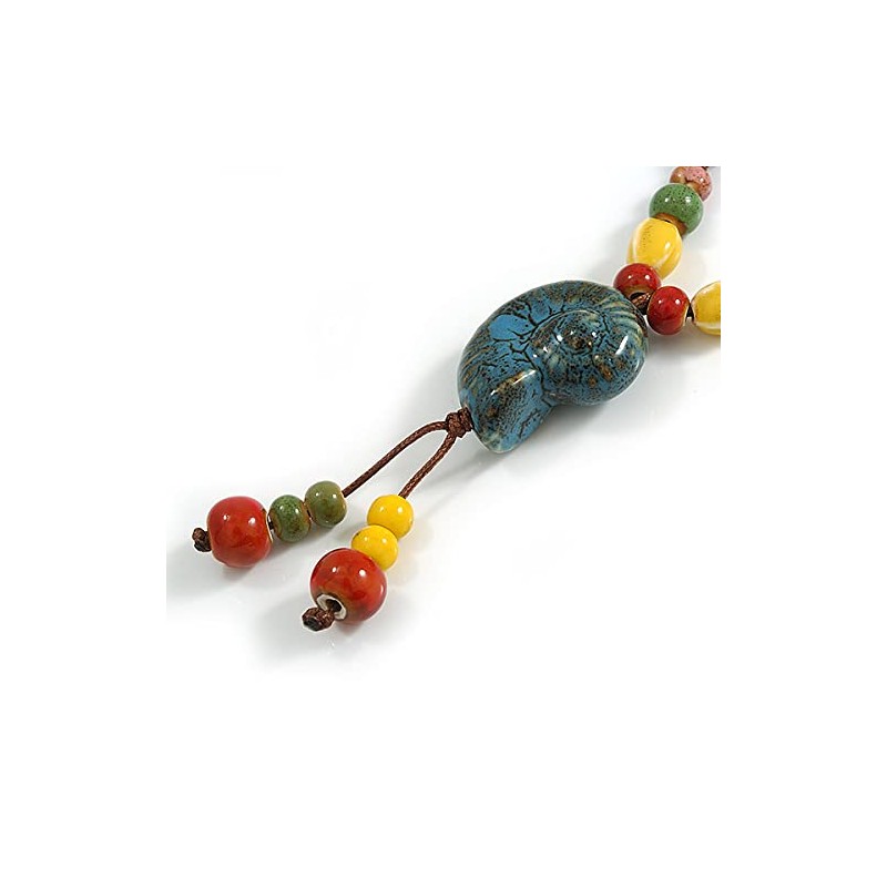 Avalaya Multicoloured Ceramic Bead Sea Shell Tassel Necklace with Brown