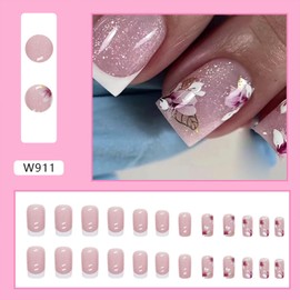 Glue on Nails Medium Length Press on Nails Square Acrylic Nails White French Tip Fake Nails Press ons Pink Full Cover Stick on Nails Flower Golden Leaves Design Artificial Nails for Girls 24Pcs