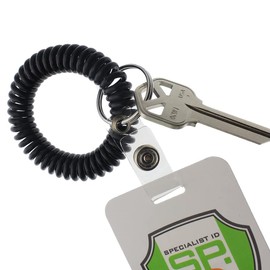 Specialist ID Wrist Coil Keychain and Badge Holder - Spiral Retractable Coiled Bracelet with Key Ring & Badge Strap Clip - One Size Fits All - Wristbands for Office, Cruise Card (Black)