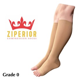 Ziperior 8-15 mmHg Compression Grade 0 Calf Inside Leg Zipper Open Toe Socks (Beige, 3X-Large)
