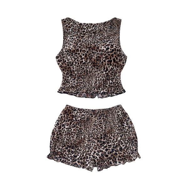 RoseSeek Women's 2 Piece Outfits Leopard Print Ruffle Hem Tank