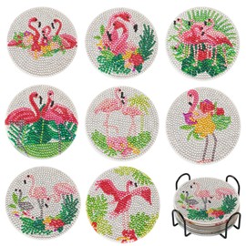 Beadthoven Flamingo Diamond Painting Coasters, 5D Diamond Art Cup Mat Set with Tools for DIY Mugs, Drinks, Coasters, Desk Decorations, Pack of 8