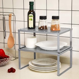 SONGMICS Cabinet Shelf Organizers, Stackable, Expandable, Set of 2 Metal Kitchen Counter Shelves, Silver UKCS01SV