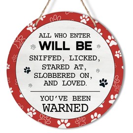 Yuzi-n All Who Enter Will be Sniffed Licked Stared at Wood Wreath Sign for Front Door, 10" Circle Sign for Wreaths, Rustic Dog Round Wreath Hanging Sign Plaque Wooden Door Hanger Wall Decor