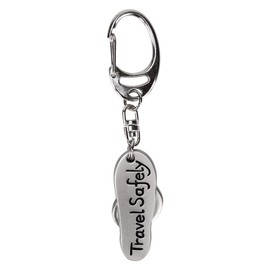 Travel Safely flip flop metal keyring in a smart organza pouch with printed gift tag