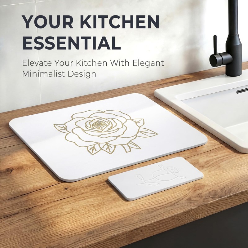 Stone Dish Drying Mat for Kitchen Counter, Glittery Resin Rose