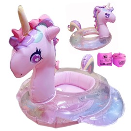 Unicorn Swim Ring for Kids, Pink, Pool Float, Ocean Inflatable Foot, Handle, Arm Ring Included