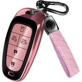 Lucrum Compatible with Hyundai Sonata Key Fob Cover & Leather Keychain - Keyfob Case for Santa Fe Tucson Ioniq 5 Palisade (2019-2023) - Pink and Black