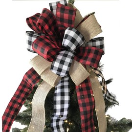 Tmflexe Christmas Bows Tree Topper Red Black White Buffalo Plaid Ornaments Handmade for Wreath Door Burlap Rustic Farmhouse Decoration (Burlap Buffalo Plaid)