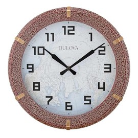Bulova Cartographer Wall Clock C4344 | 14" Diameter | Vintage Map Design | Distressed Rust Colored Finish | Quartz Movement | Decorative Home Accent