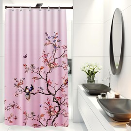 LIVETTY Pink Bird Floral Shower Curtain 90cm × 180cm Mould Proof Butterfly Fabric Bathroom curtain For Women & Men With 12 Hooks Washable Quick-Drying Curtains