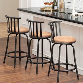 Homy Casa Bar Stools Set of 3, 24''Swivel Industrial Barstools with Metal Back and Footrest, Country Style Counter Bar Chairs with Fabric Seat for Dining Kitchen Bar, Brown
