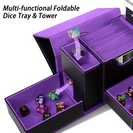Stepane MTG Deck Box for Commander Display with Dice Tower, Fits 100 Double-Sleeved Cards for TCG/PTCG, Multifunctional Card Storage Box, with a 35PT Magnetic Card Holder (Black Violet)