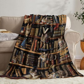 Cat Bookshelf Blankets for Women 50"x 60", Cat Mom Lover Gifts for Women Girls, Vintage Bookshelf Reading Throw Blanket, Brown Soft Cozy Lightweight Throws Blankets for Couch Bed Sofa Chair Decor