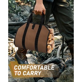 Firewood Carrier with Handles, Log Carrier for Firewood, Oxford Canvas Fire Wood Carrier Bag for Indoor Fireplace Wood Stove Accessories and Outdoor Camping, Brown