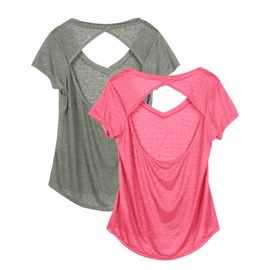 icyzone Activewear Fitness Yoga Tops Workout V Neck Open Back T-Shirts for Women(Pack of 2)(S,Grey/Sugar Coral)