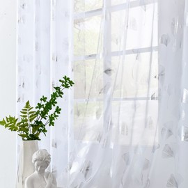 youleyar Silver Foil Print Voile Sheer Curtains, Leaves Grommet Top Window Drapes 63 Inches Long, Luxury Metallic Bronzing Treatment Panels for Home Window Decoration, 2 Panels